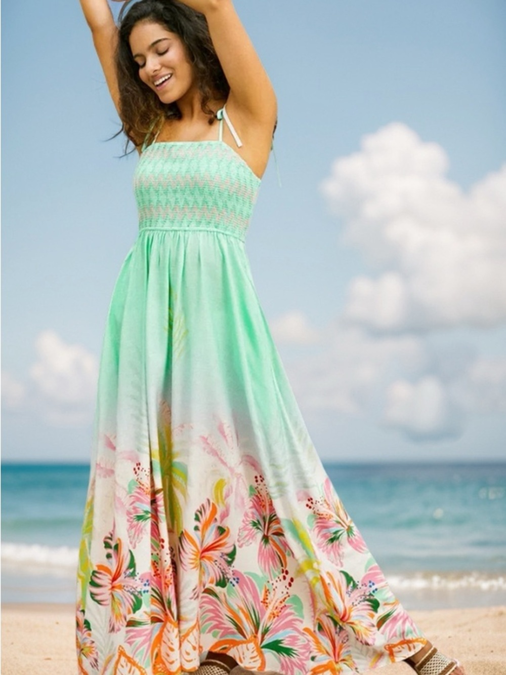 CUPSHE Mint Green Floral Maxi Dress with Tie Straps - Never worn!